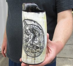 Polished Buffalo Horn Mug, Cow Horn Mug with carved design 7 inches tall. Available for sale for $15