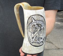 Polished Buffalo Horn Mug, Cow Horn Mug with carved design 7-1/4 inches tall. For sale for $15