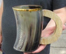 5-1/2" Polished Buffalo Horn Mug, Ox Horn Mug with rounded wood handle. Available to buy today for $15