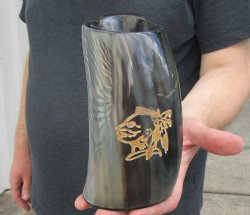 Polished Ox Horn Mug, Cow Horn Mug with carved face design 6-1/4" tall. Available now for $15