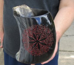 Polished Buffalo Horn Mug, Cow Horn Mug with carved red emblem design 6-1/4" tall. Buy this mug today for $15