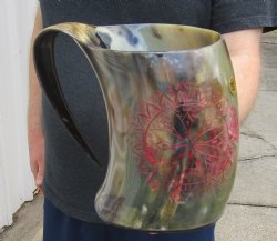 Polished Buffalo Horn Mug, Cow Horn Mug with carved red emblem design 6-1/2" tall. Available to purchase for $15