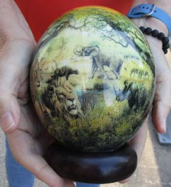 6 inch South African Decoupage Ostrich Egg with the African Big 5 Animals with wooden stand for sale - $45