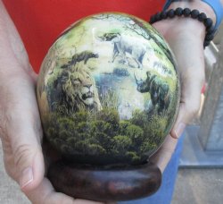 6 inch South African Decoupage Ostrich Egg with the African Big 5 Animals with wooden stand for sale - $45