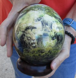 6 inch South African Decoupage Ostrich Egg with the African Big 5 Animals with wooden stand for sale - $45