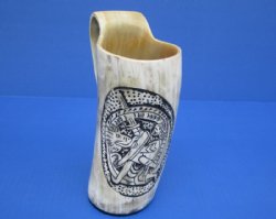 6-1/2 to 7-1/2 inches Wholesale Decorative Carved Buffalo Horn Mug with Fighting Knights - <font color=red>*Closeout Sale* </font>2 pcs $16.00 each; 6 pcs @ $14.00 each 