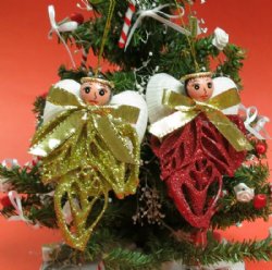 4-1/2" Wholesale Shell Angel Ornaments with Glitter in Gold, and Red with matching bows - 10 pcs @ $1.95 each; 30 pcs (3 packs) @ $1.75 each 