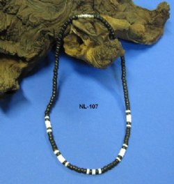 Wholesale Coconut Jewelry with Black Beads and White Puka Shell Beads 18" $12.00 dz; 18" 5 dz $10.80; 9" $4 dz; 7-1/2" $4 dz 