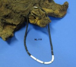 18 inches Wholesale Coconut Necklaces with Black Coconut Beads and White Puka Beads - 1 dozen @ $9.00 dz; 5 dozen @ $8.00 dz