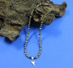 18 inch brown coconut bead shark tooth necklace (1 dz, 5 dz)