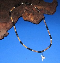 18 inch brown/black coconut bead shark tooth necklace (1 dz, 5 dz)