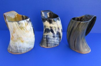Wholesale 1000 ml Polished Cow/Cattle horn mug with wood base  - 2 pcs @ $18; 8 pcs @ $16 each