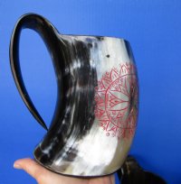 Wholesale Buffalo Horn Mug with an Carved Red Emblem - 6 inch to 6-1/2 inch - $27.00 each; Packed: 8 pcs @ $24.00 each