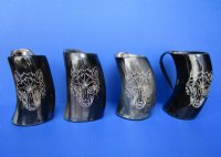 Wholesale Buffalo Horn Mug with an Engraved Wolf Face - 6 inch tall -  $27.00 each; Packed: 8 pcs @ $24.00 each