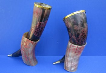 Wholesale Polished Cattle/Cow Viking Drinking horns with Engraved Red colored Wolf Design 12-1/2 inch to 15 inch - 2 pcs @ $24.00 each; 6 pcs @ $21.00 each