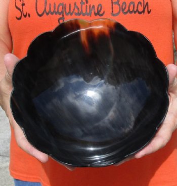 Decorative Round Polished Ox Horn, Cow Horn Bowl with Scallop cut edge design 8 inches. Buy now for $22.00