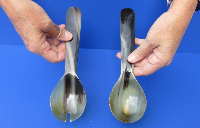 2 pc lot of Polished Buffalo Horn, Cow Horn Spoon and Slotted Spoon Set for  sale