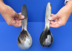 2 pc lot of Polished Ox Horn, Cow Horn Soup Spoon and Spork set for sale 9-1/4 inches buy now for $20.00