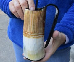 Ox horn mug, Cow horn mug half polished and half rustic carved measuring 6-1/2" tall - $29