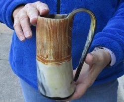 Buffalo horn mug, Cow horn mug half polished and half rustic carved measuring 6-1/2" tall for $29