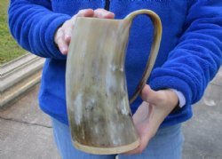 Polished Buffalo horn mug, Ox horn mug with wood base/bottom measuring approximately 7-1/2 inches tall for $30