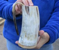 Polished buffalo horn mug, Ox horn mug with wood base/bottom measuring approximately 6-1/2 inches tall for $26