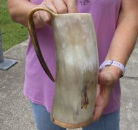 Polished Buffalo horn mug, Ox horn mug with wood base/bottom measuring approximately 8-1/4 inches tall. Buy now for $36