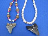 2 pc lot of Coconut bead necklaces with Megalodon shark tooth wrapped with silver wire  - $42/lot