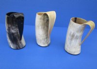 6-1/2 to 7-1/2 inches  Wholesale Carved Buffalo Horn Mug with Fighting Knights - 2 pcs @ $26.00 each; 6 pcs @ $23.00 each