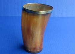 Wholesale Buffalo Horn Cup/Glass with a Burnt Rustic Look, brass rim and wood bottom - 4-1/2 to 5-1/2 inches tall -  2 pcs @ $7.50 each; 12 pcs @ $6.75 each