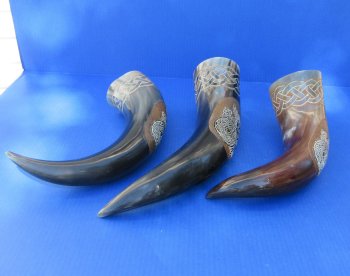Hand-Carved Valkyrie Viking Drinking Cow Horn - Burnt Accent (Wholesale, 16"-19") - 2 pcs @ $20.00 each; 8 pcs @ $19.00 each