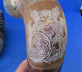 Hand-Carved Valkyrie Viking Drinking Cow Horn - Burnt Accent (Wholesale, 16"-19") - 2 pcs @ $20.00 each; 8 pcs @ $19.00 each