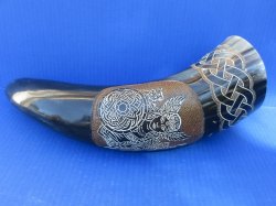 Hand-Carved Valkyrie Viking Drinking Cow Horn - Burnt Accent (Wholesale, 16"-19") - 2 pcs @ $20.00 each; 8 pcs @ $19.00 each