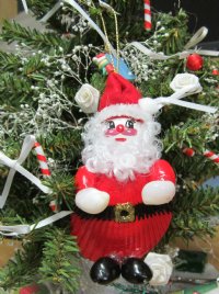 4 inches Hand Painted Sea Shell Santa Christmas Ornaments Wholesale made out of scallop shells - 5 pcs @ $2.75 each; 30 pcs @ $2.45 each