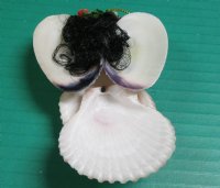Wholesale Seashell Scallops and Cockle Shell Angel ornament with black hair and green garland necklace - 4 inches long - Packed: 10 pcs @ $1.60 each
