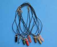 Wholesale Gemstone necklace in assorted colors on 18" black cord with silver colored bail cap and silver colored clasp - Packed: 5 pcs @ $2.95 each.