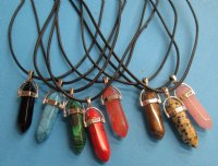 Wholesale Gemstone necklace in assorted colors on 18" black cord with silver colored bail cap and silver colored clasp - Packed: 5 pcs @ $2.95 each.