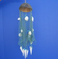 Wholesale Coconut top with Blue Fish Net and White Assorted Shells Wind Chimes 17 inches long - 6 pcs @ $3.50 each;  24 pcs @ $3.15 each