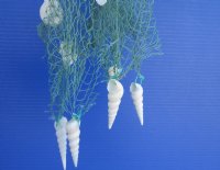 Wholesale Coconut top with Blue Fish Net and White Assorted Shells Wind Chimes 17 inches long - 6 pcs @ $3.50 each;  24 pcs @ $3.15 each