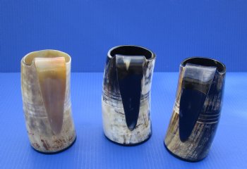 Wholesale 6 inch Carved Viking Buffalo horn mugs with 4 horizontal lines - $22 each; 8 pcs @ $19.80 each
