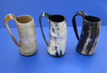Wholesale 6 inch Carved Viking Buffalo horn mugs with 4 horizontal lines - $22 each; 8 pcs @ $19.80 each
