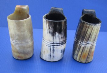 Wholesale 6 inch Carved Viking Buffalo horn mugs with 4 horizontal lines - $22 each; 8 pcs @ $19.80 each