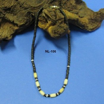 18" Wholesale Coconut Necklace with Black, Tan and White Beads - $16.20 dozen; 5 dozen @ $14.40 dozen