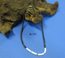 18 inches Wholesale Coconut Necklaces with Black Coconut Beads and White Puka Beads - 1 dozen @ $9.00 dz; 5 dozen @ $8.00 dz