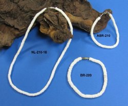 Wholesale White Shell Jewelry Made with Small Puka Beads 20" $27.60 dz; 20" 5 dz @ $24.84/dz 18" $25.20 dz; 18" 5 dz @ $22.68/dz  