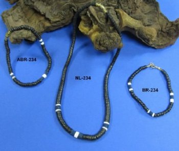 Wholesale Coconut Necklaces and Bracelets with Black Coconut Beads and Blue Beads 18" - $24 dozen; 5 dozen @ $21.60/dozenz 9" $4.00 dozen