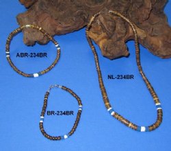 Wholesale Brown Coconut Jewelry Necklaces and Bracelets with Brown Coconut, Blue and White Beads 18" $14.40 dz; 5 dz @ $12.60 dz 9" $4.00 dz; 7-1/2" $4.00 dz