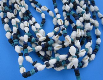 18" Wholesale Coconut Jewelry with White dove shells and black and blue green Coconut Beads - $15.00 dozen; 5 dozen @ $13.20 dozen; 9" - $4.00 dozen; 7-1/2 - $4.00 dozen