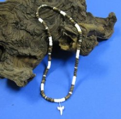 18" Wholesale Shark Tooth Necklaces on Brown Coconut with White Shell Necklaces - $30.00 dozen; 5 dozen @ $27.00 dozen