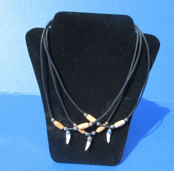 Wholesale Alligator Tooth Necklace with silver gator cap & tan beads - 12 pcs @ $3.75 each; 48 pcs @ $3.35 each